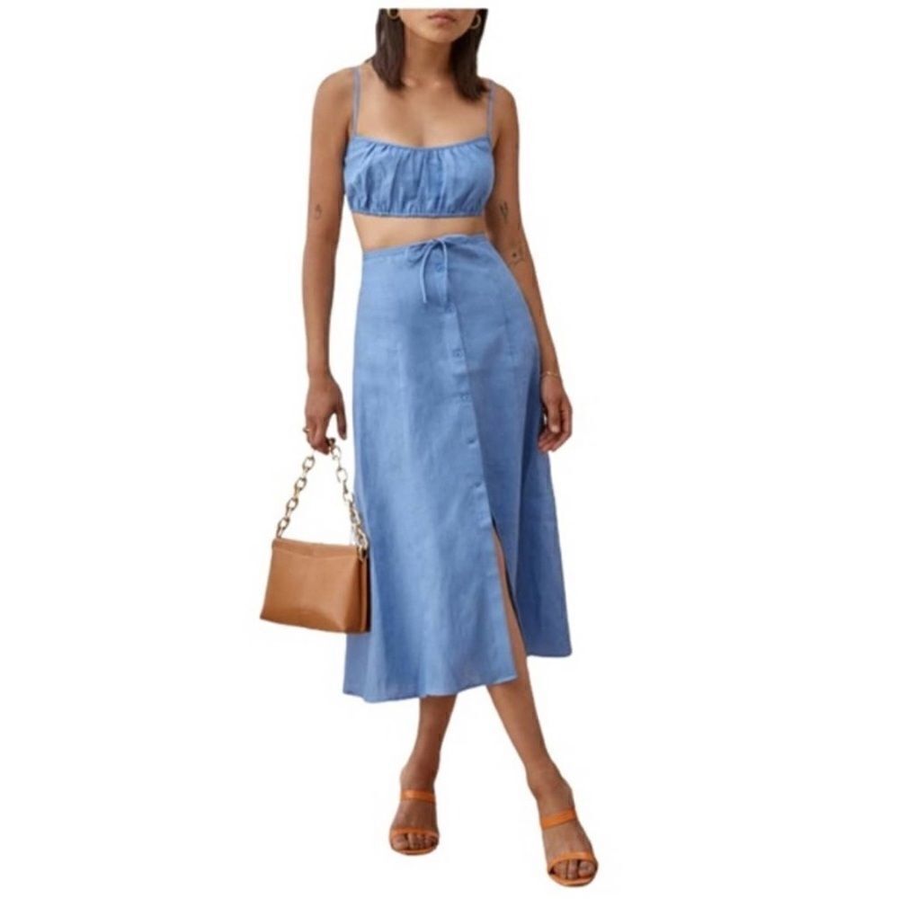 REFORMATION KAMREN TWO-PIECE LINEN DRESS IN PARISIAN BLUE size 12 - Picture 9 of 9